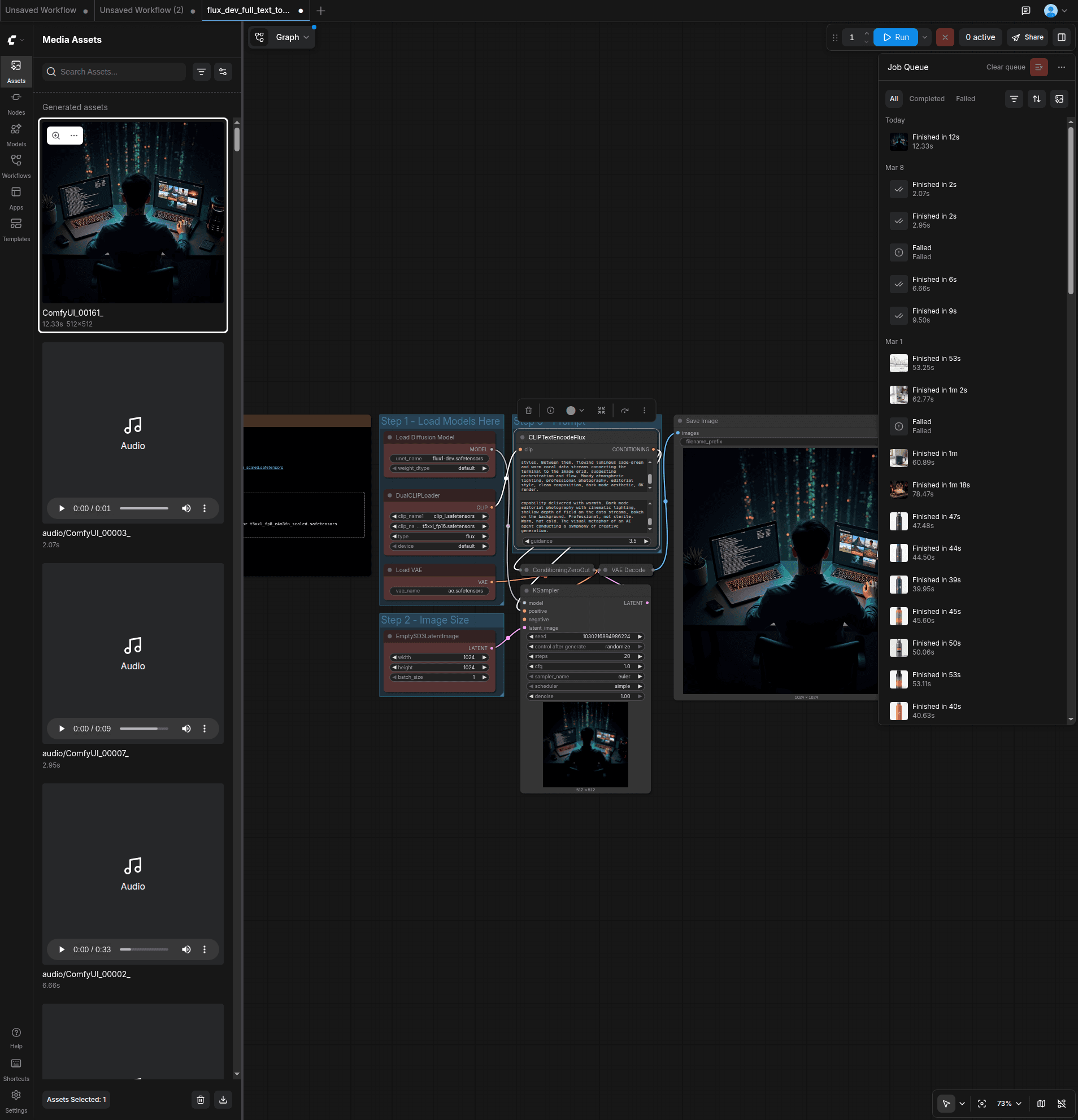 ComfyUI Cloud workspace showing the Flux.1 Dev workflow with prompt nodes, the generated hero image in the Save Image node, and the job queue with successful runs