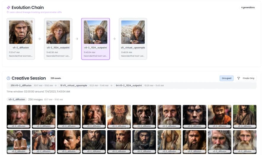 Numonic evolution view showing asset lineage tracking