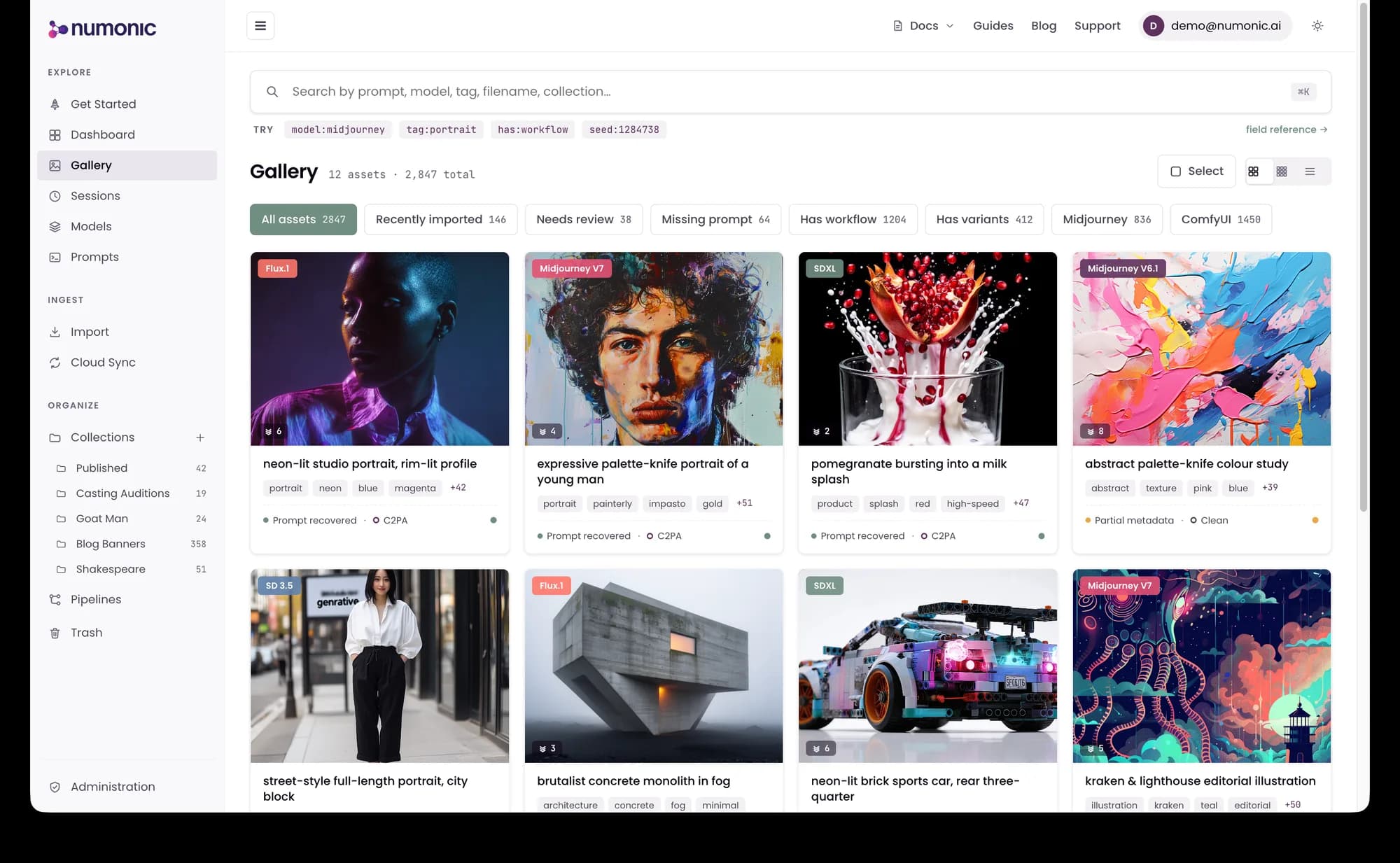 The Numonic app: a unified Asset Gallery of a studio's AI generations, automatically tagged, searchable, and organized.