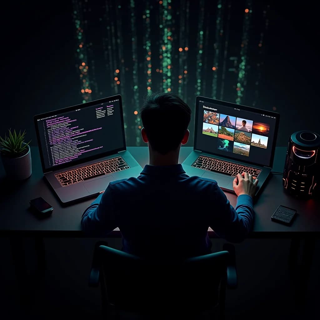 A creative technologist at a dark workspace with code on one screen and a grid of AI-generated artwork on another, connected by flowing data streams