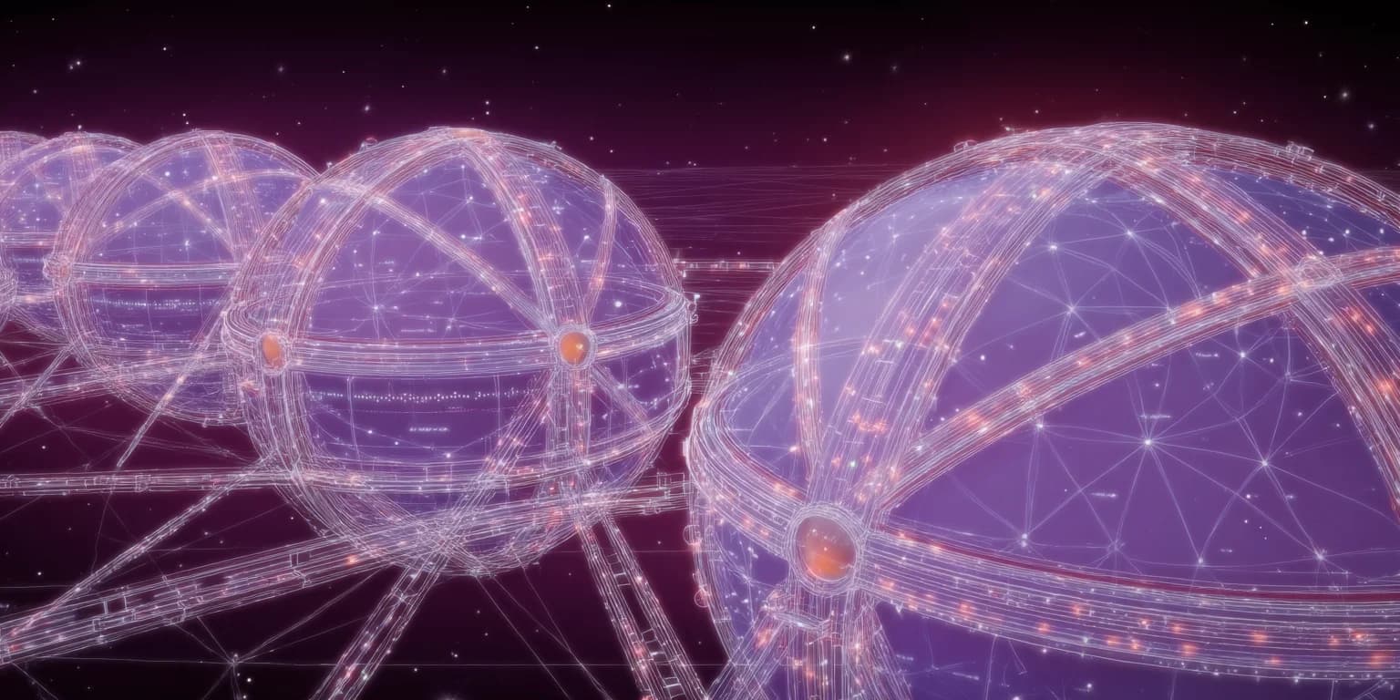 Abstract visualization: Glowing purple orbs in cyberspace