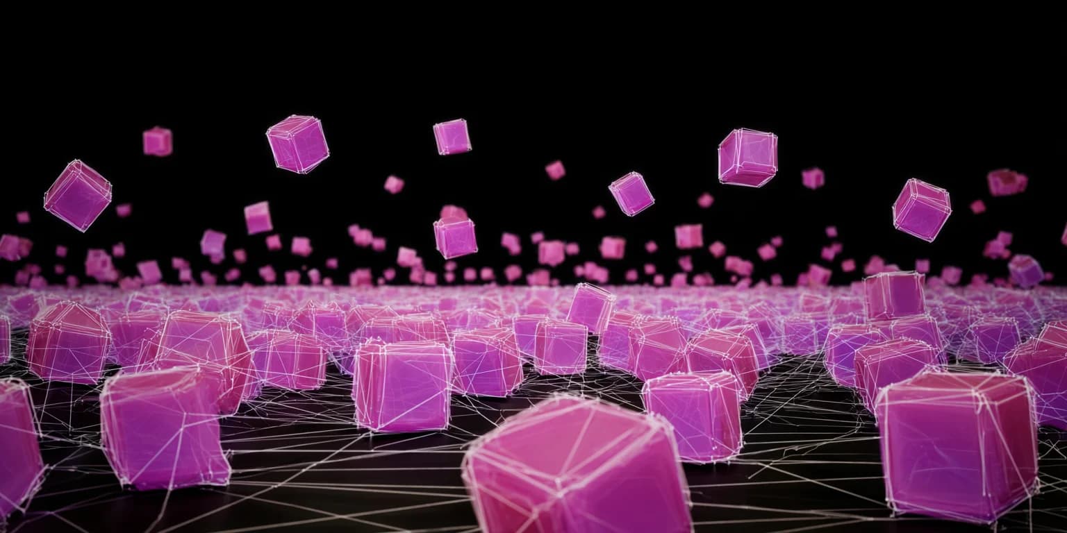 Translucent pink cubes falling from a dark sky and settling into place on a wireframe grid
