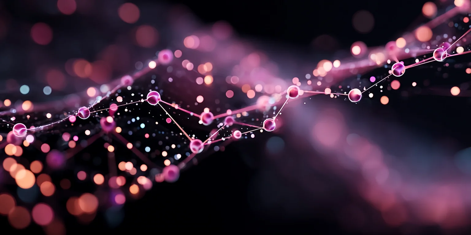 A single glowing strand of linked pink points running across a dark field of soft, out-of-focus light
