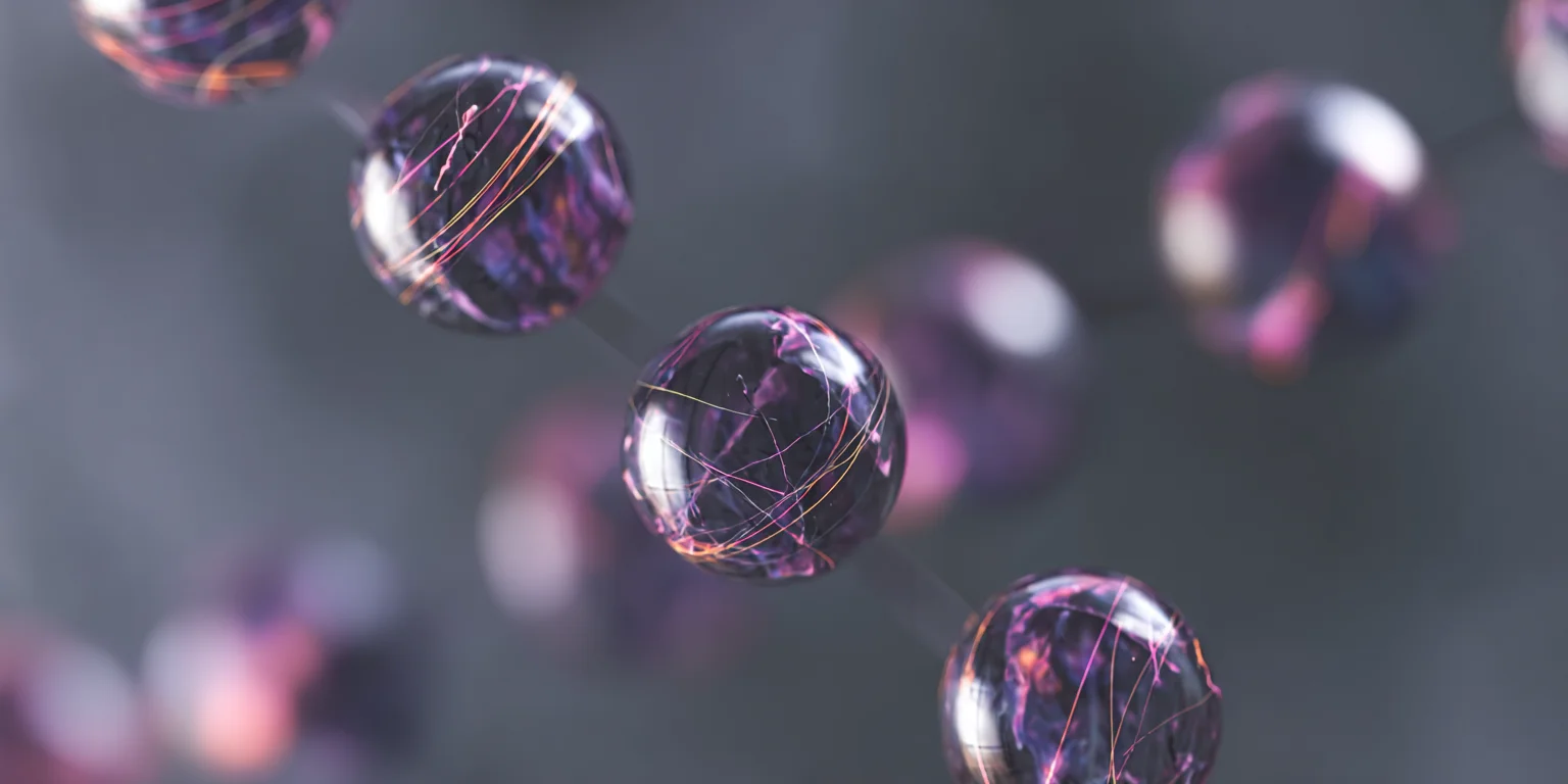 Abstract visualization: Floating purple glass spheres with threads