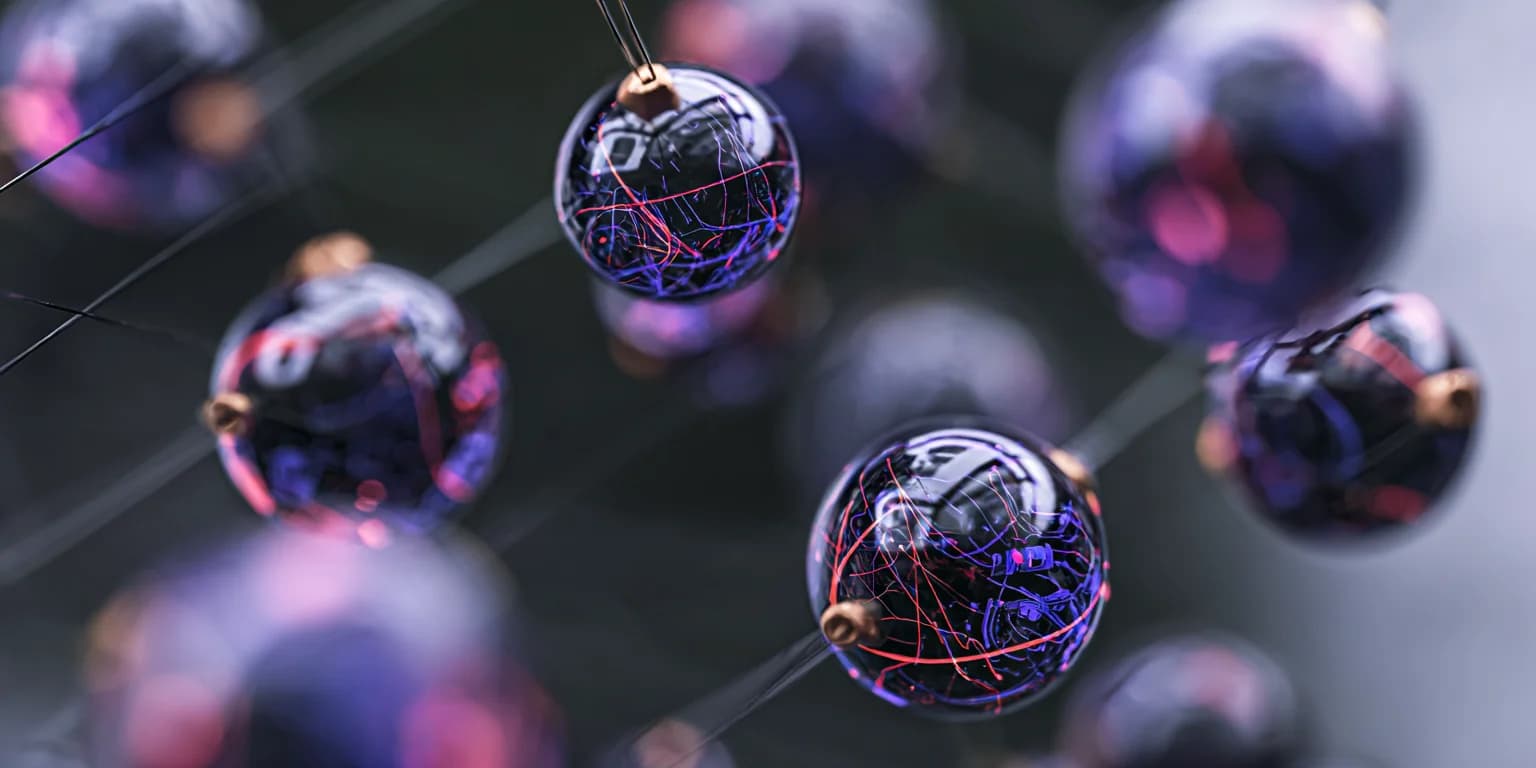 Abstract visualization: Suspended glass orbs in neon hues