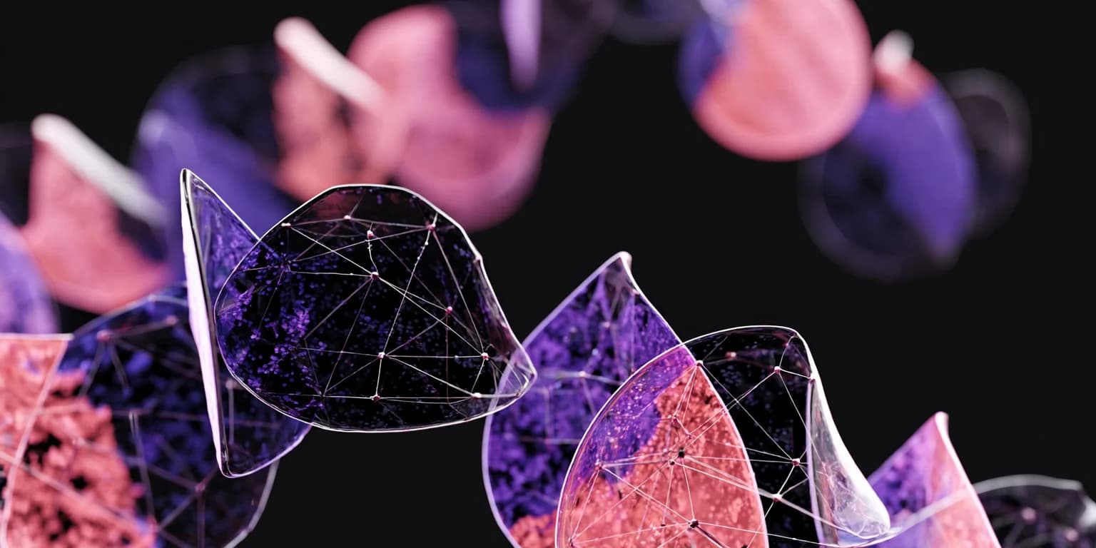 Interlocking translucent geometric panels in neon purple, pink and orange forming a looping chain on a dark background