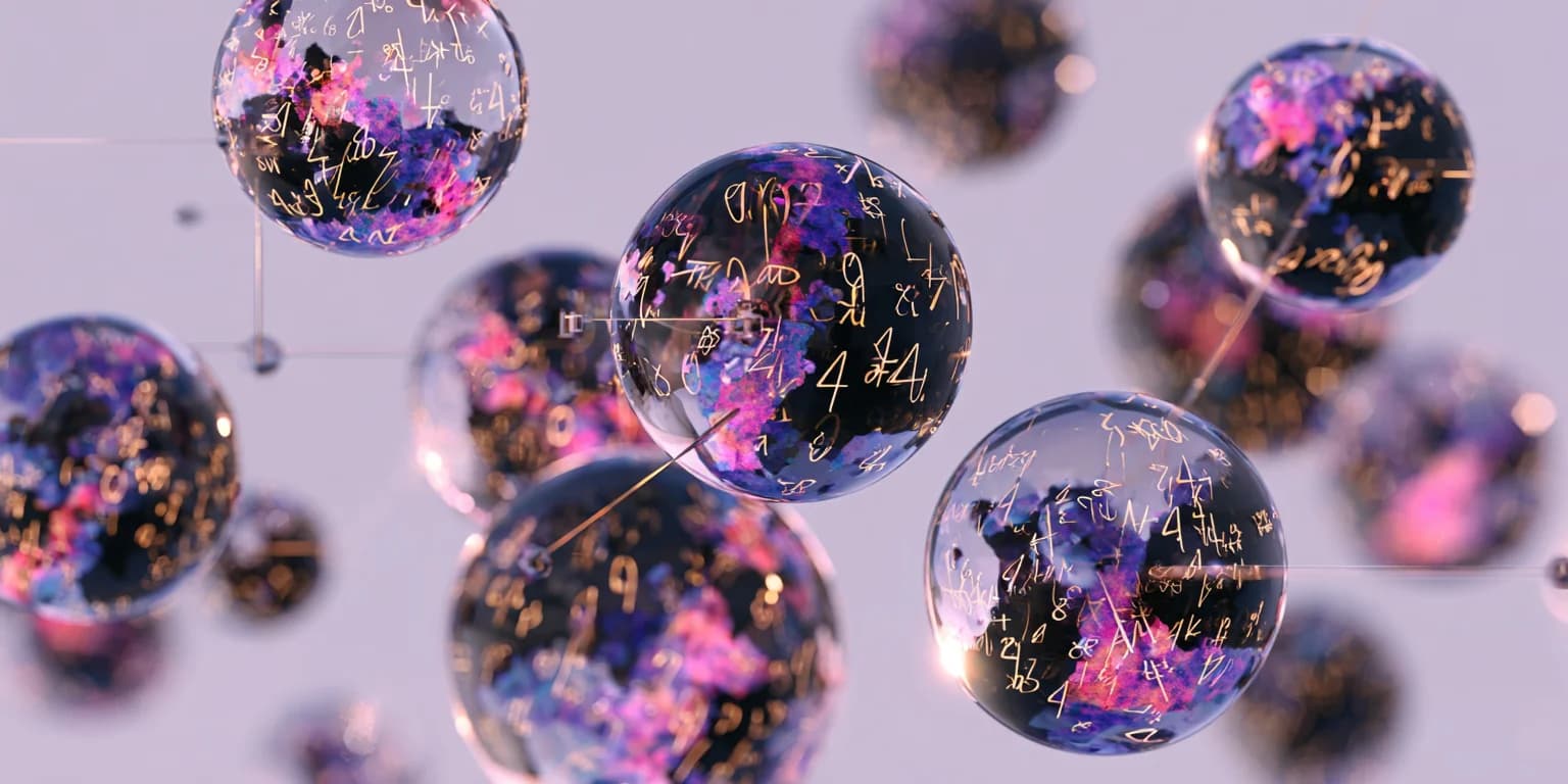 Abstract visualization: Floating glass orbs with purple reflections