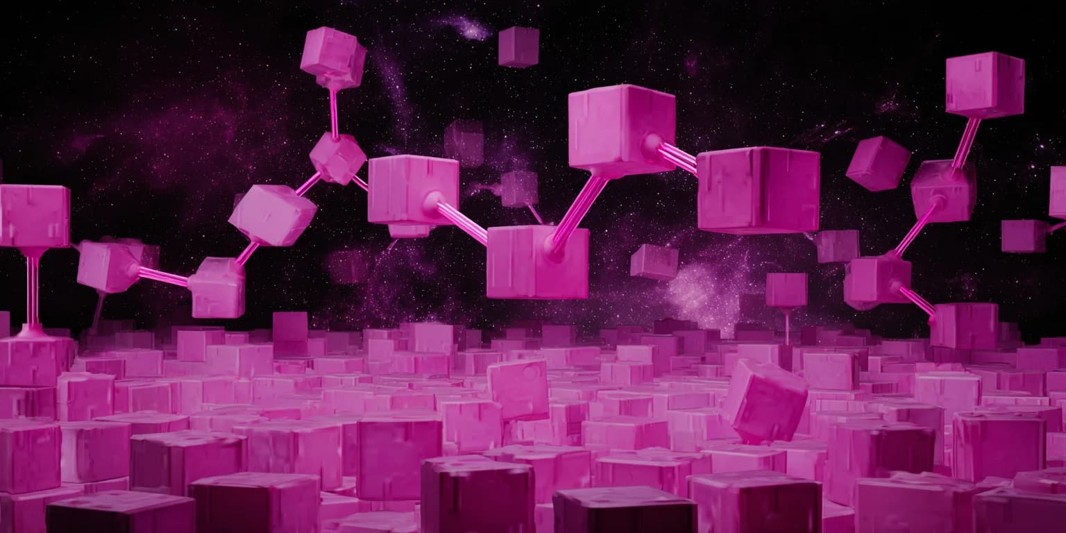 A chain of linked pink cubes rising above a dense field of pink blocks against a starry dark sky