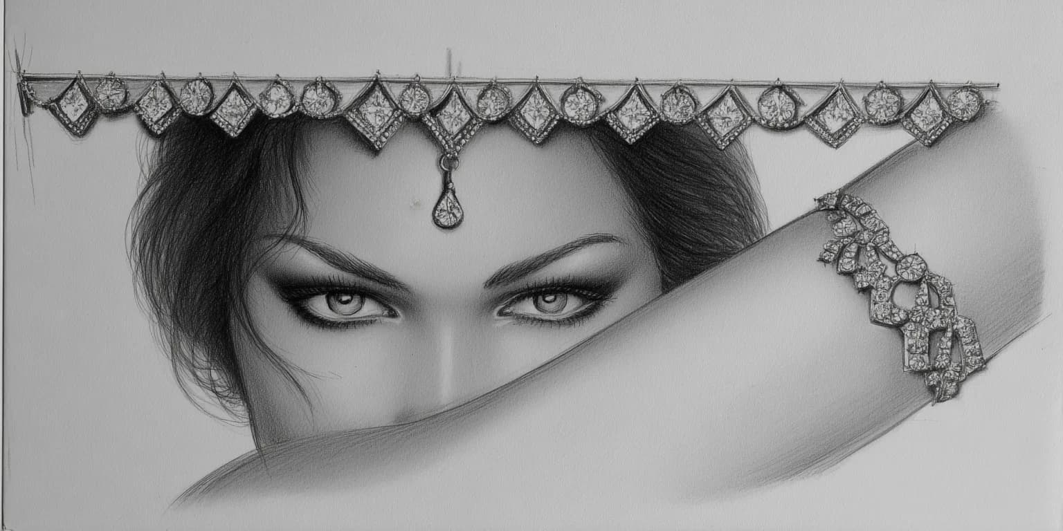 Abstract visualization: Enigmatic grayscale portrait with ornate jewelry