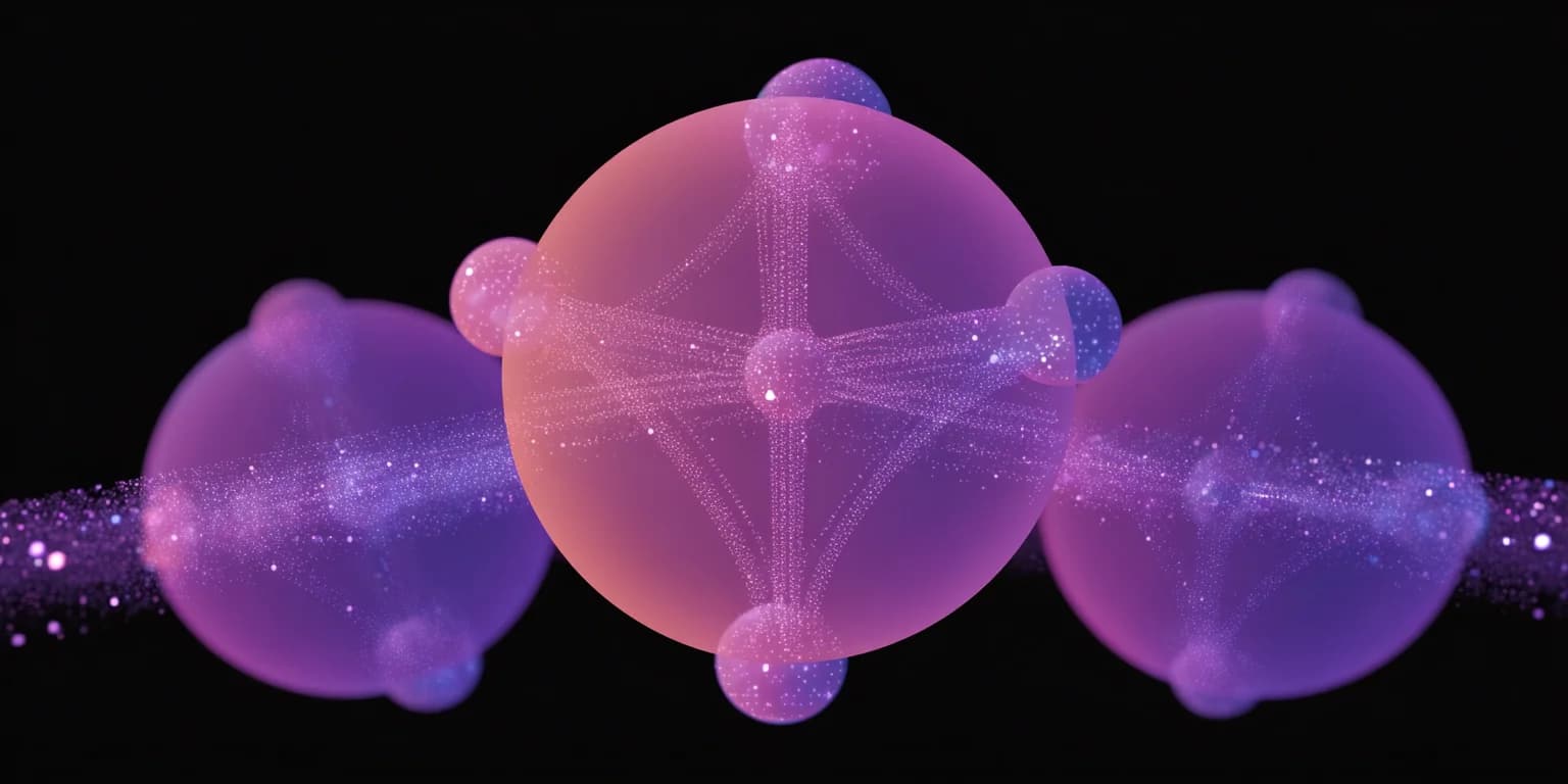 Abstract visualization: Neon connected spheres in dark void
