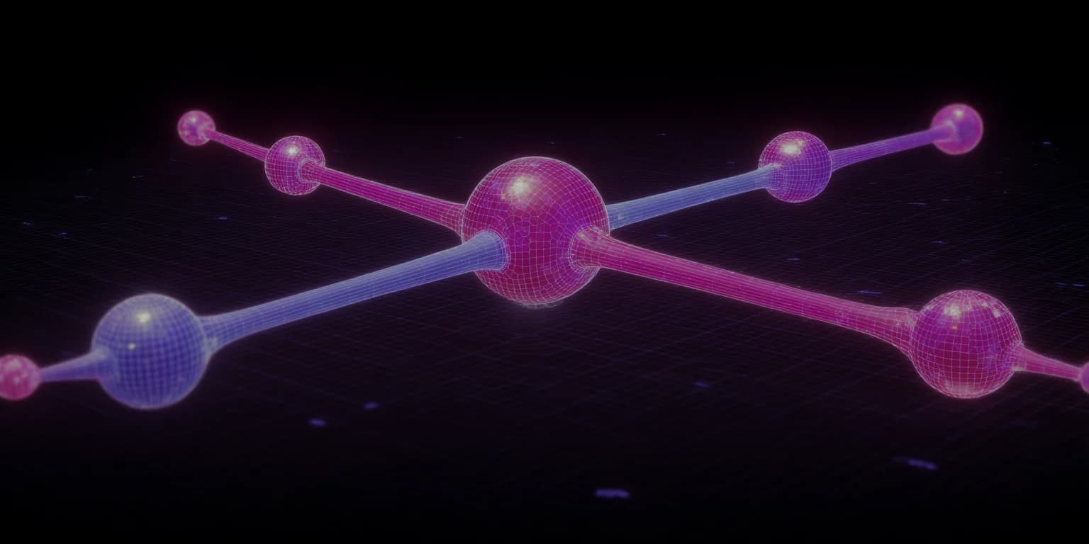 Abstract visualization: Neon-lit molecular structure in space