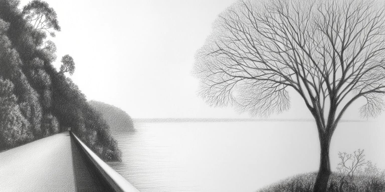 Abstract visualization: Winter lakeside solitude in grayscale