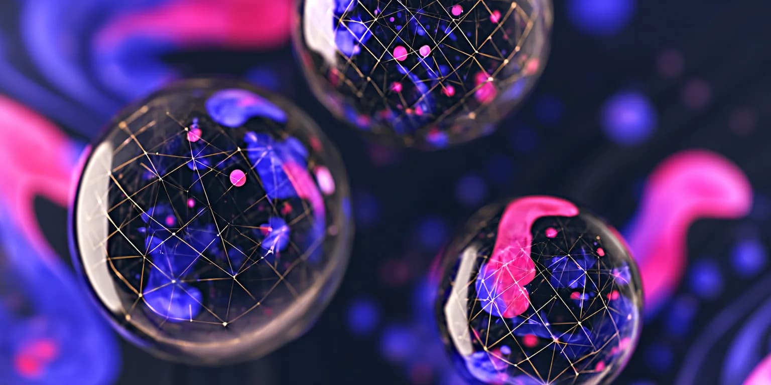 Abstract visualization: Neon orbs with lattice reflections