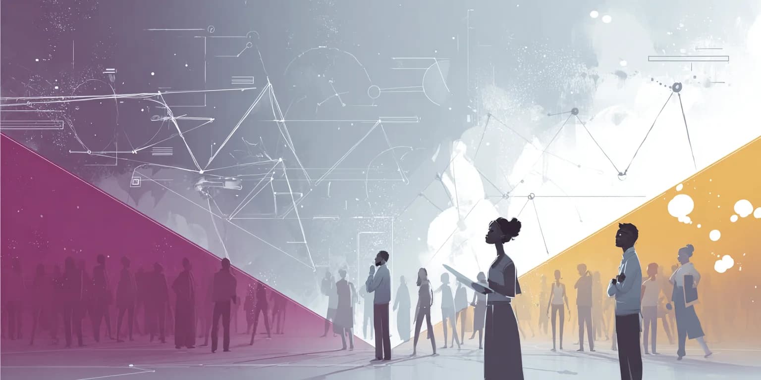 Abstract visualization: Futuristic silhouettes at digital plaza