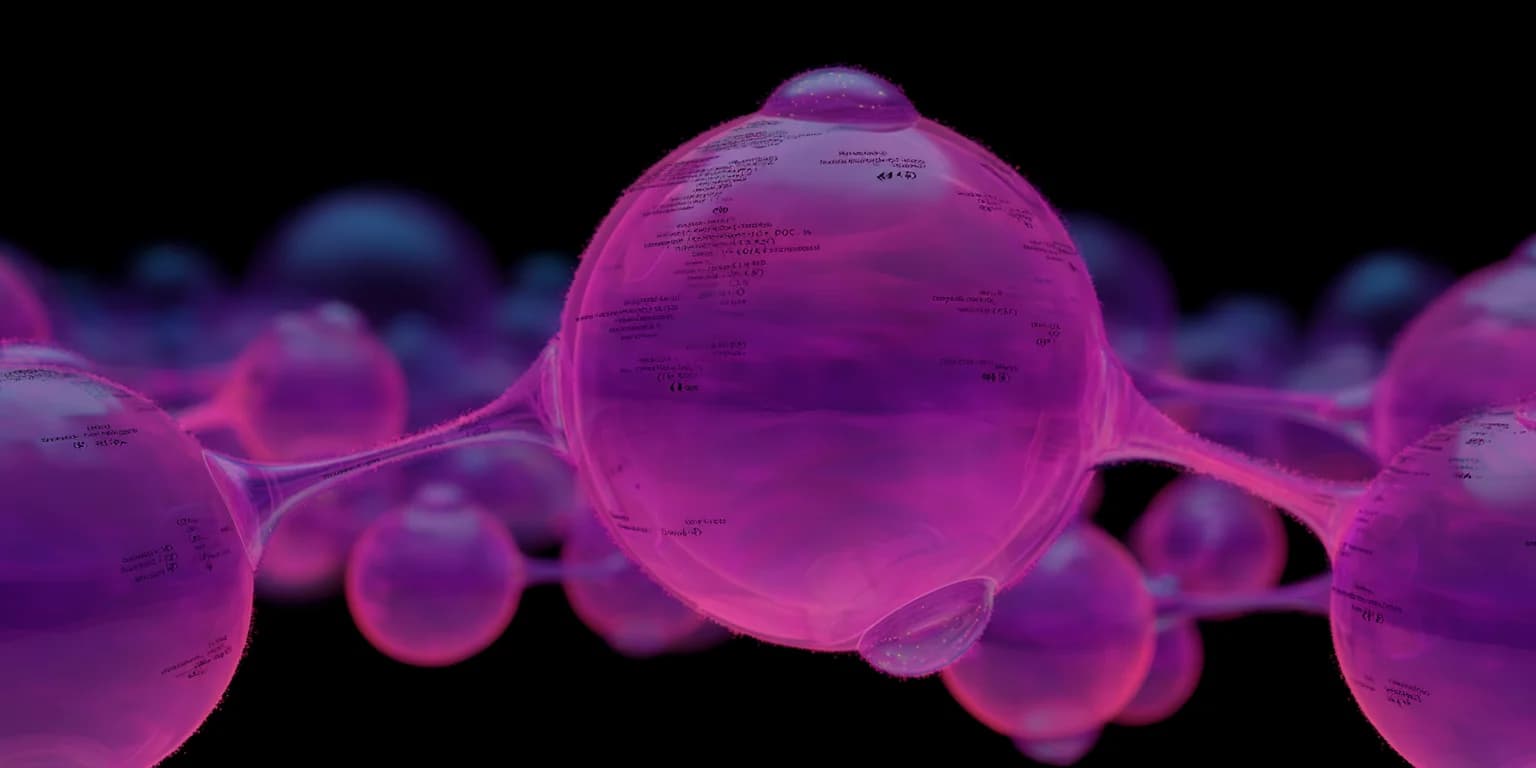 Abstract visualization: Neon purple bubble chain macro photograph