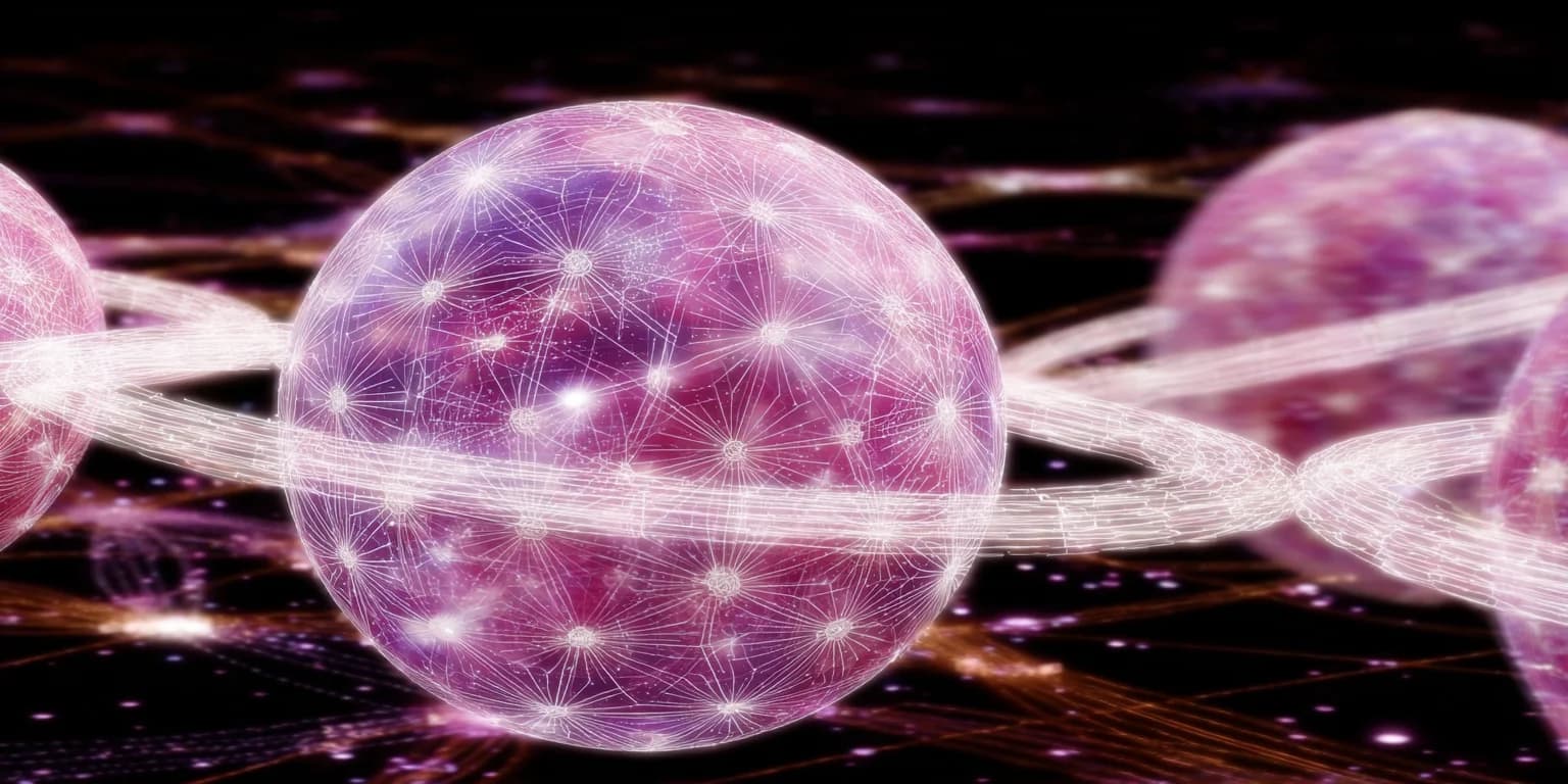 Abstract visualization: Purple cellular spheres in interconnected lattice