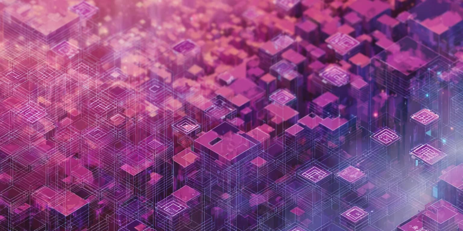 Abstract neon isometric cube grid evoking futuristic digital infrastructure and game asset pipelines