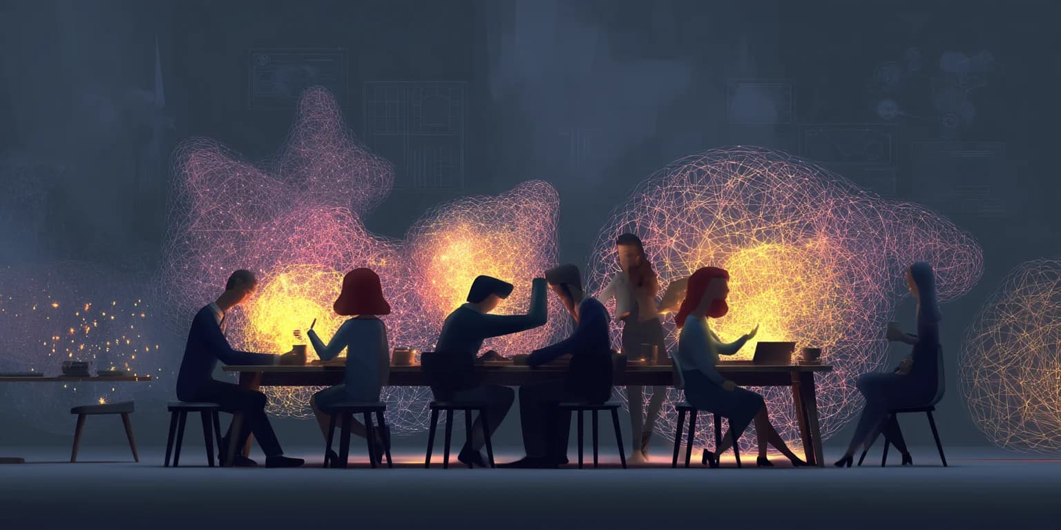 Abstract visualization: Glowing tabletop gathering at night