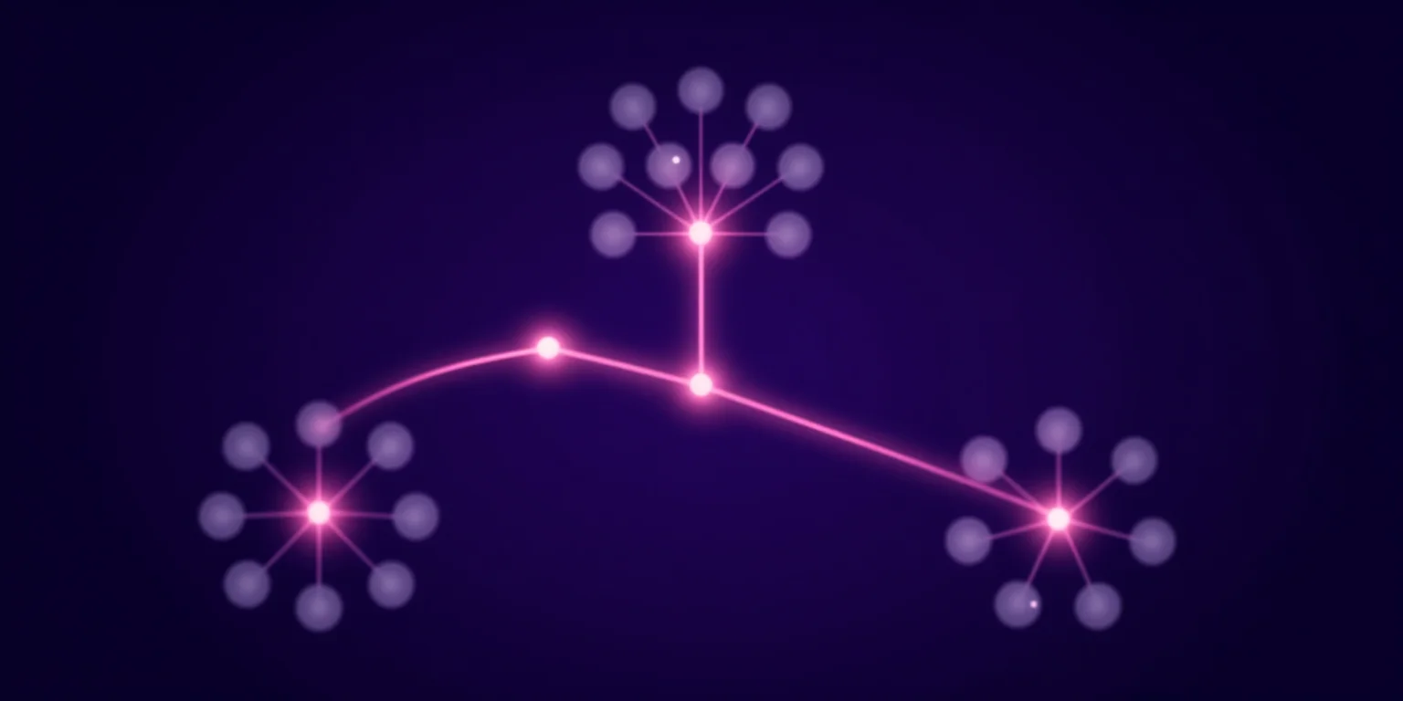Neon branching network visualization: glowing pink nodes and connections against a deep purple background, representing platform ecosystem growth