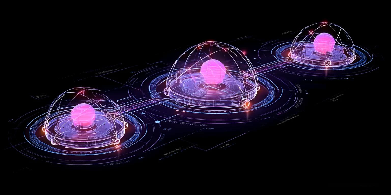 Abstract visualization: Neon triple quantum orbit spheres