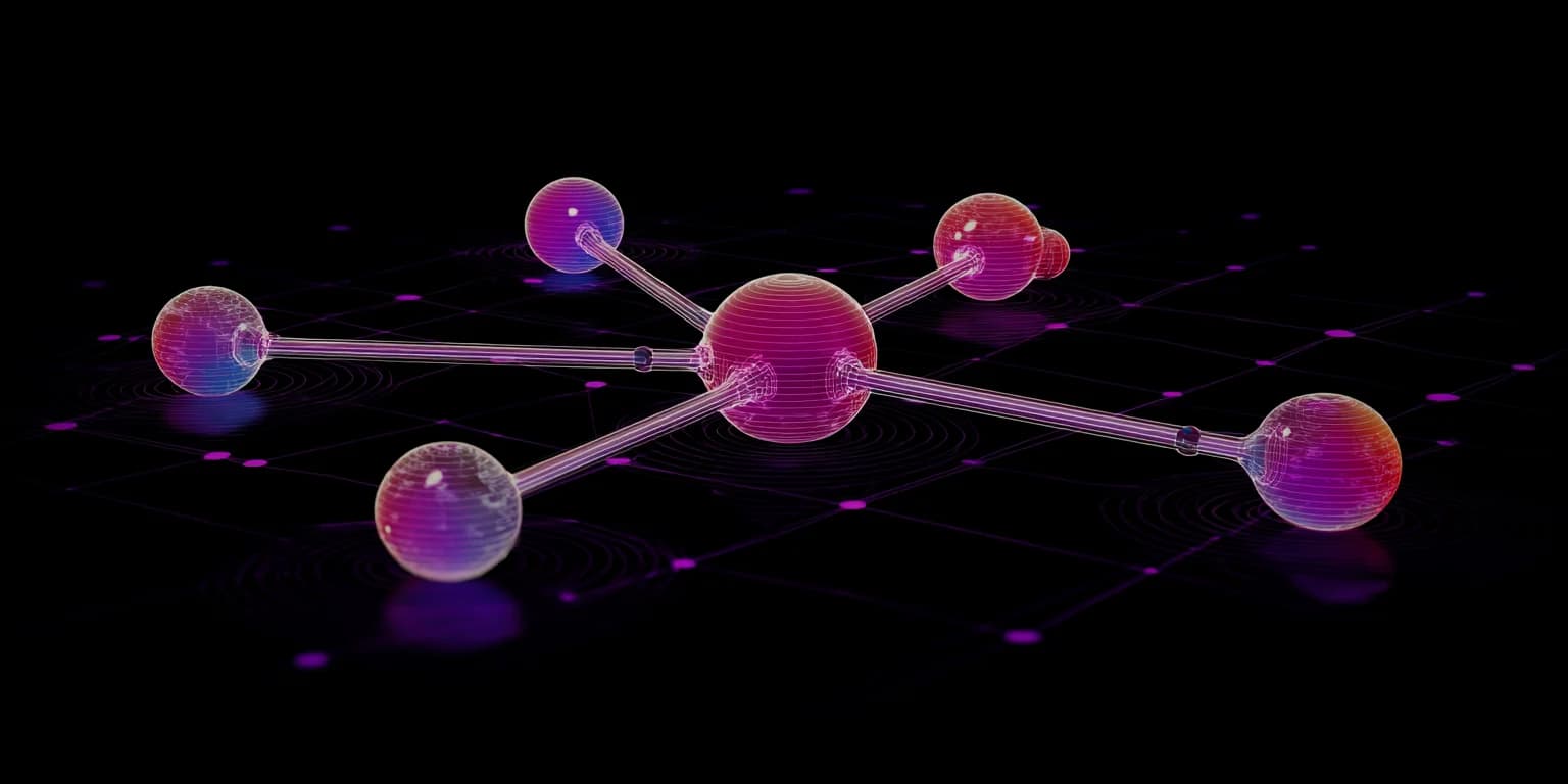 Abstract visualization: Neon molecular model on dark grid