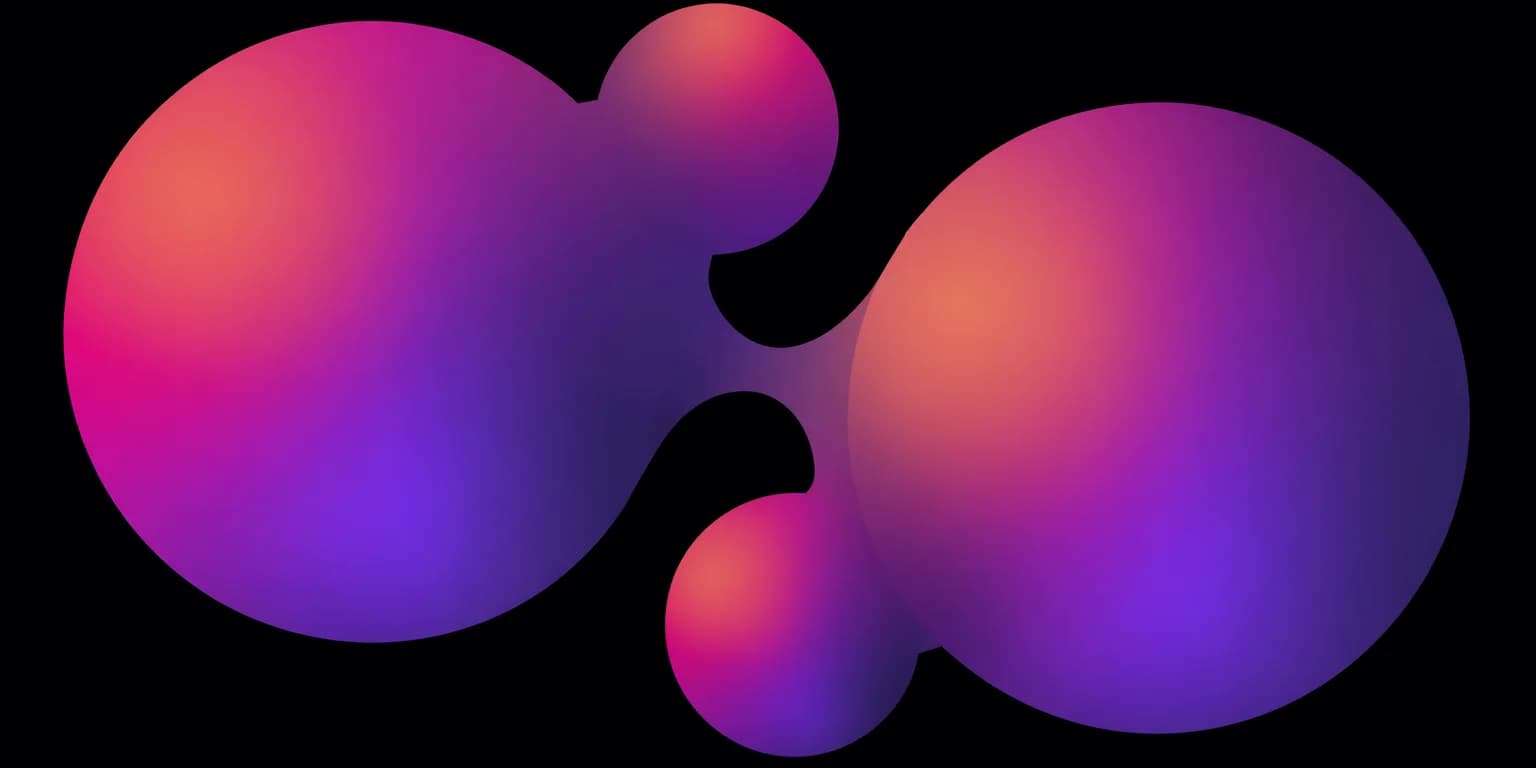 Two glowing gradient spheres on a black background, joined by a slender bridge