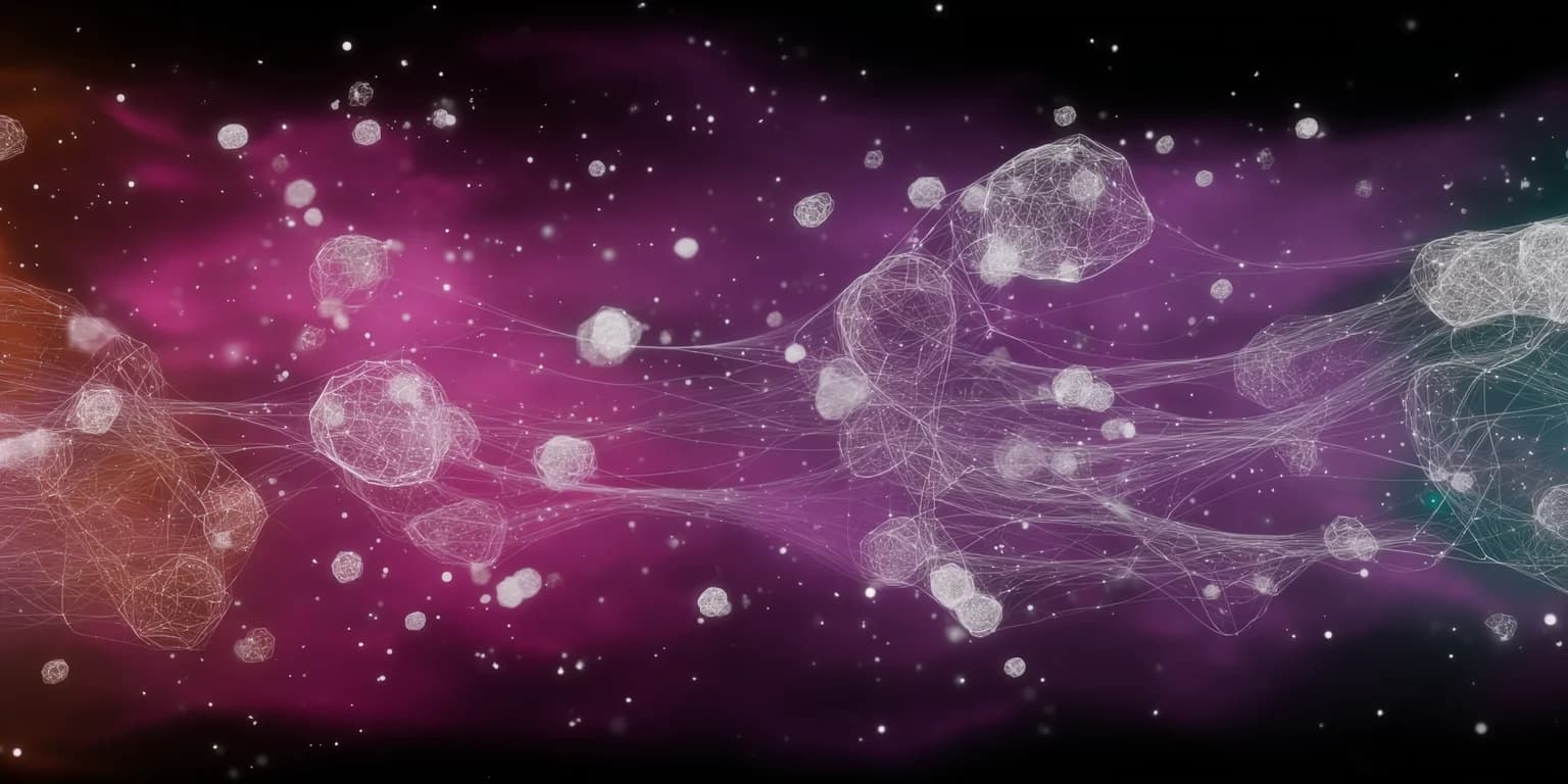 A stream of translucent wireframe forms and glowing particles drifting through pink and purple haze