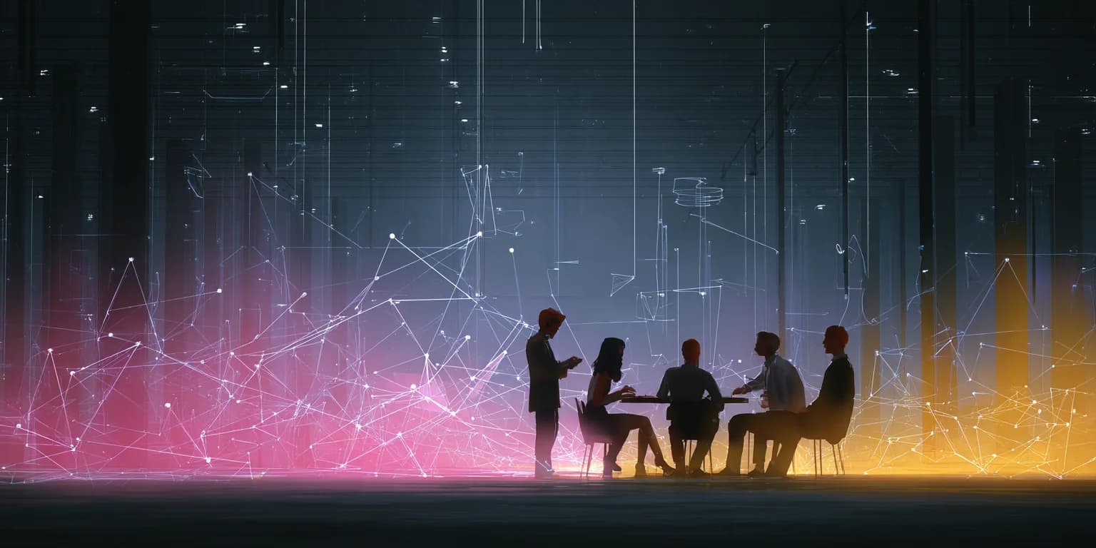 Silhouetted production team collaborating in a futuristic, neon-lit creative studio