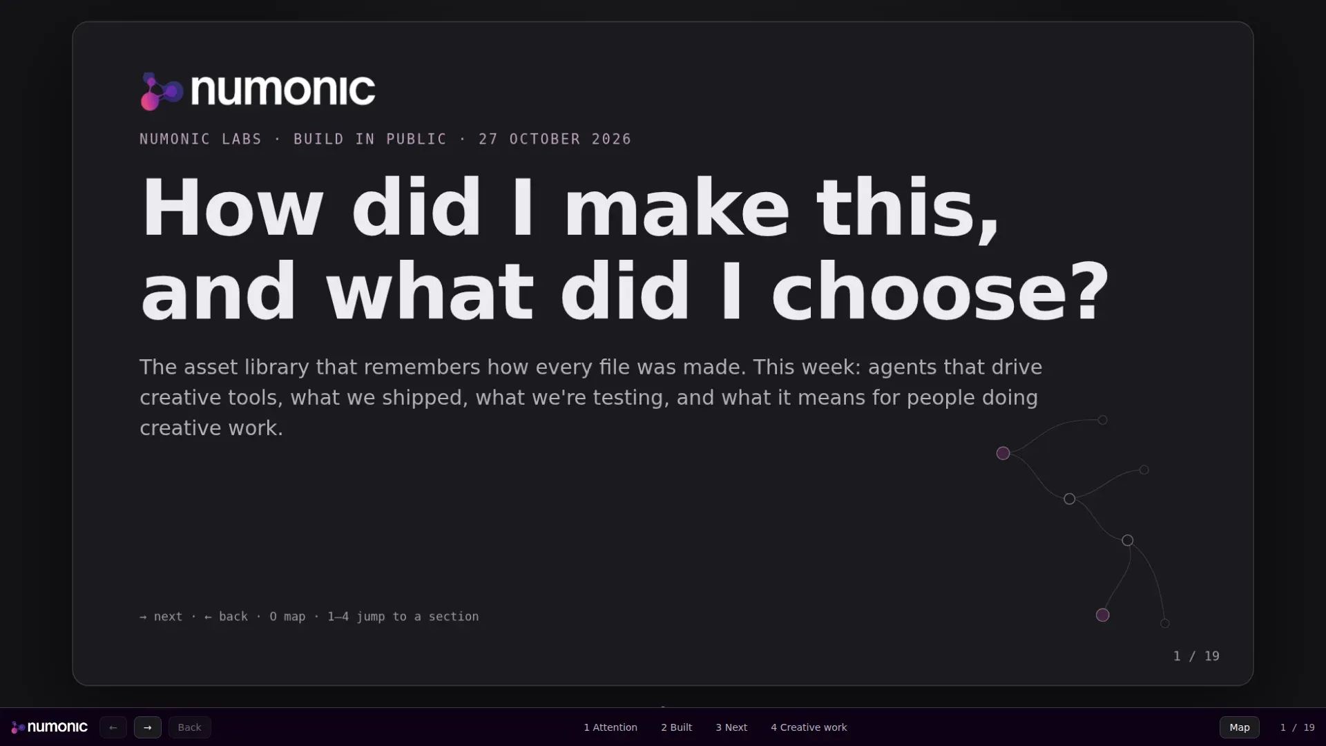 The title slide of the moderator deck: "How did I make this, and what did I choose?" on a dark slide with the Numonic wordmark