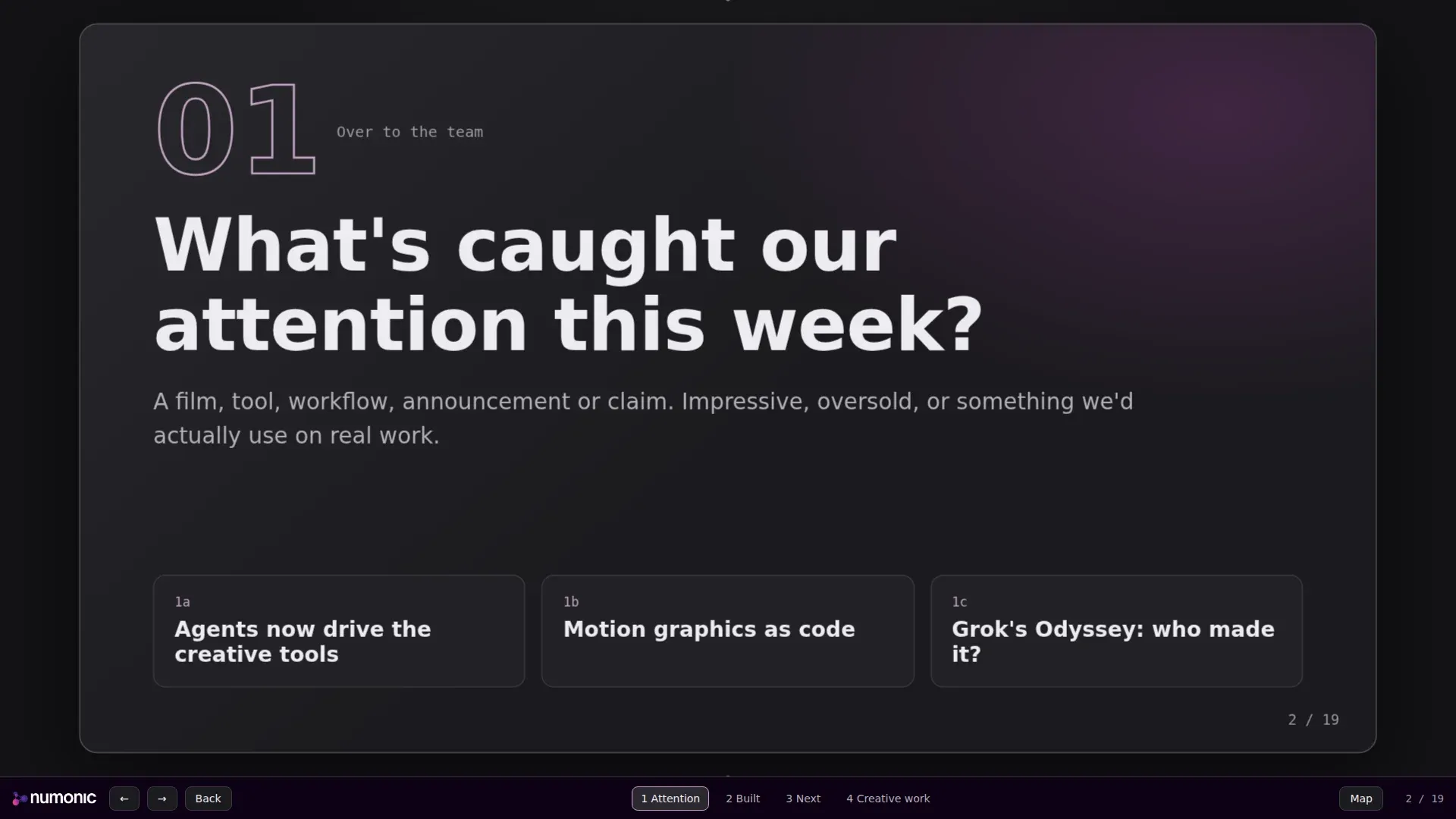A section card reading "What's caught our attention this week?" with three buttons that jump to the moderator's points