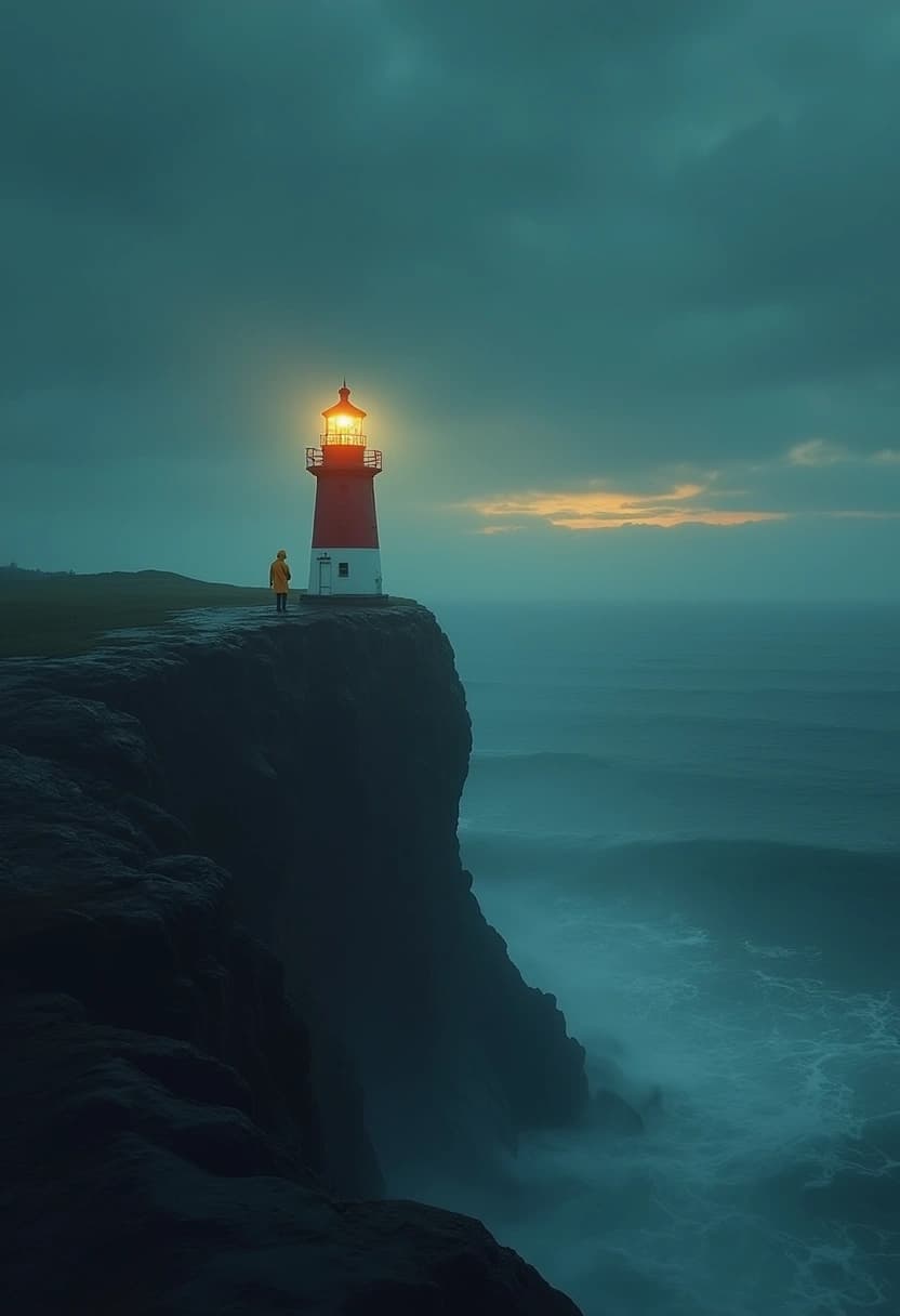 Guidance 2.5: a red lighthouse with a white base on a dark cliff at dusk, lamp lit, no beam