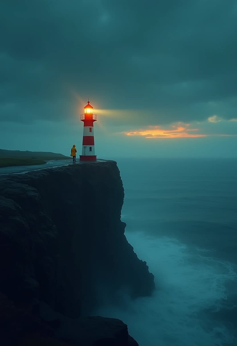 Guidance 4.0: a striped lighthouse whose beam cuts through the sea fog