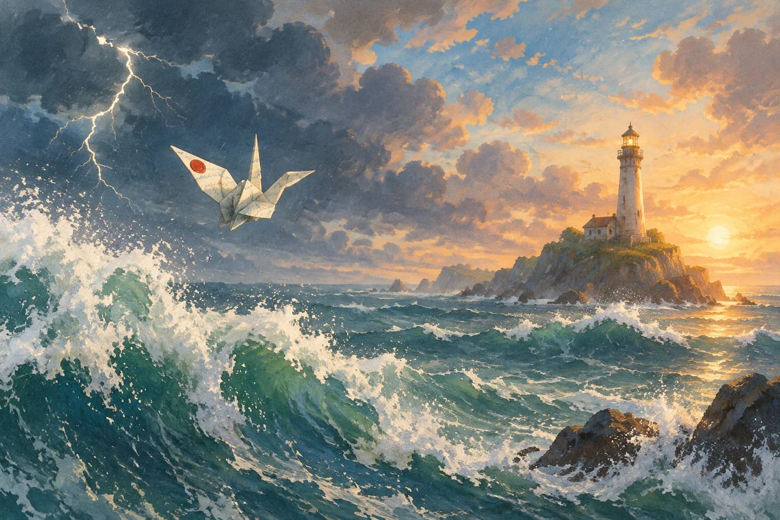 A paper crane flies over a green sea toward a lighthouse under a bright sunset sky, with a bolt of lightning out of place in the sunshine