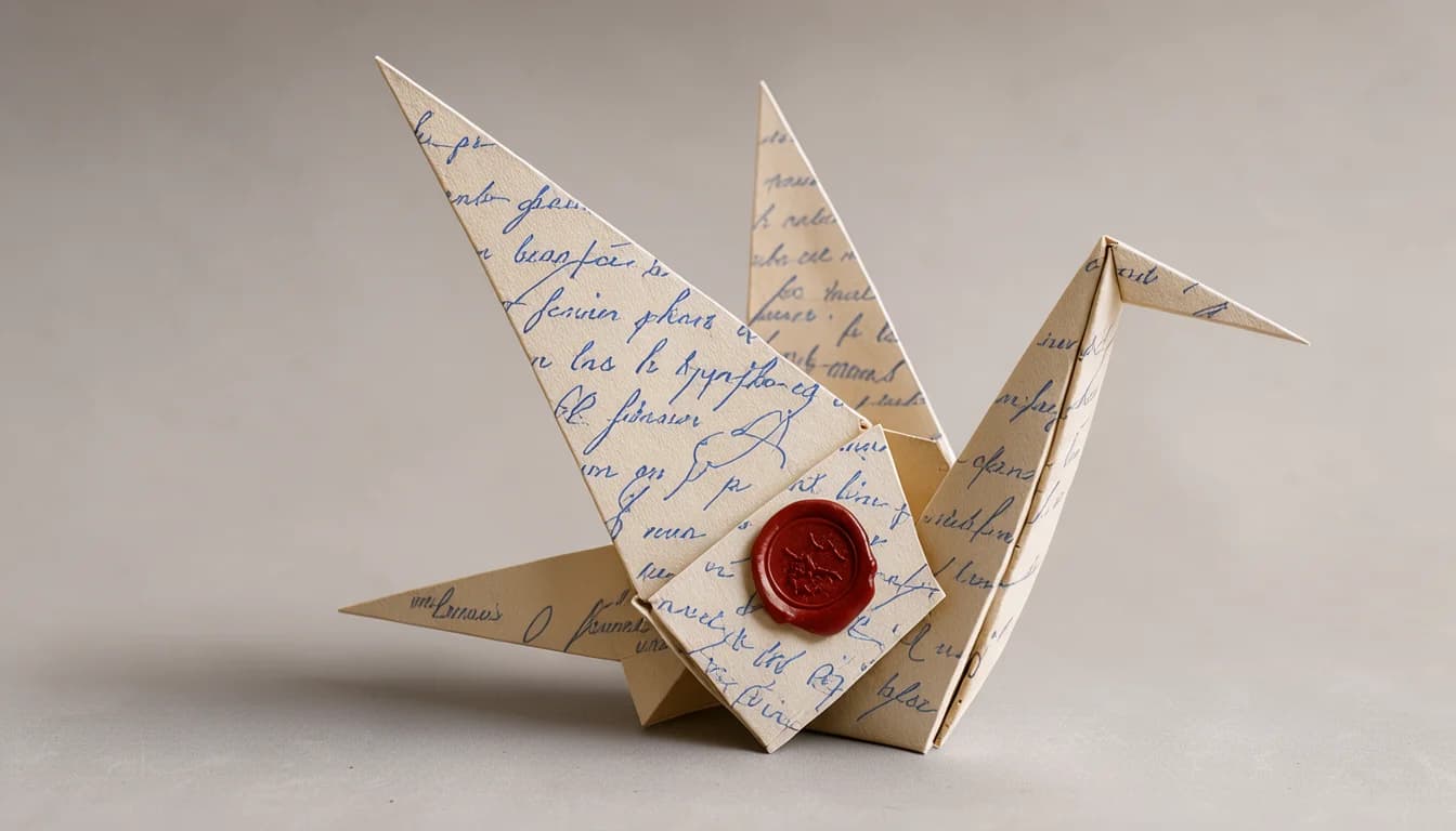 An origami crane folded from cream letter paper with blue handwriting, a single red wax seal on its body, on a plain grey background