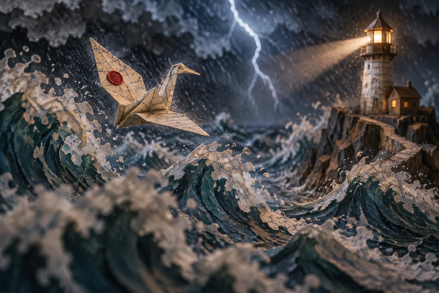 Letter World in the storm: the crane, the cliffs and the waves all made of paper, with a lighthouse beam cutting through the rain