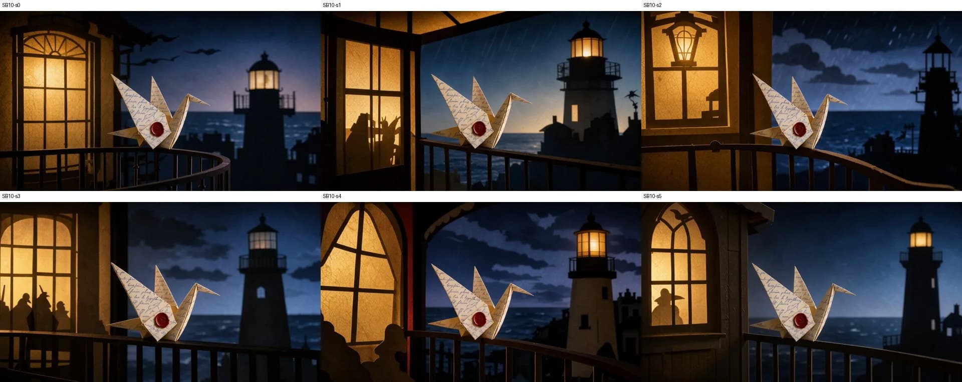 Six candidate frames of the crane on a lighthouse railing at night; each shows a second lighthouse behind it