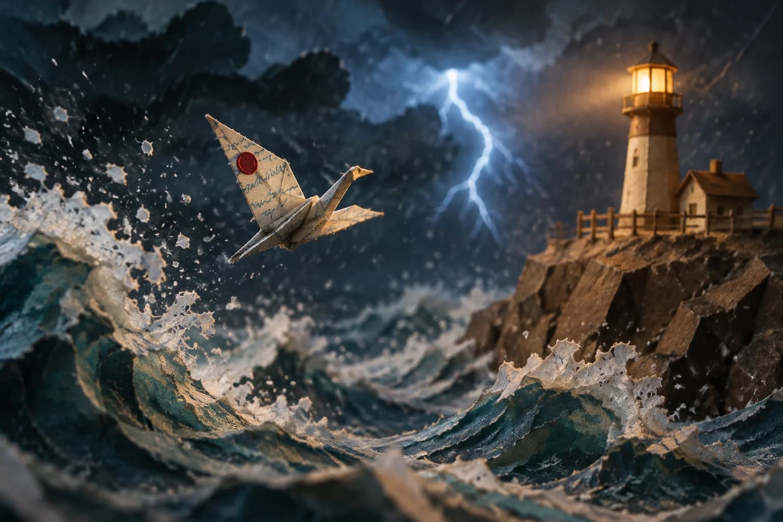 The same storm moment at night: dark waves, lightning, and a lit lighthouse on a cliff as the paper crane with its red seal flies toward it