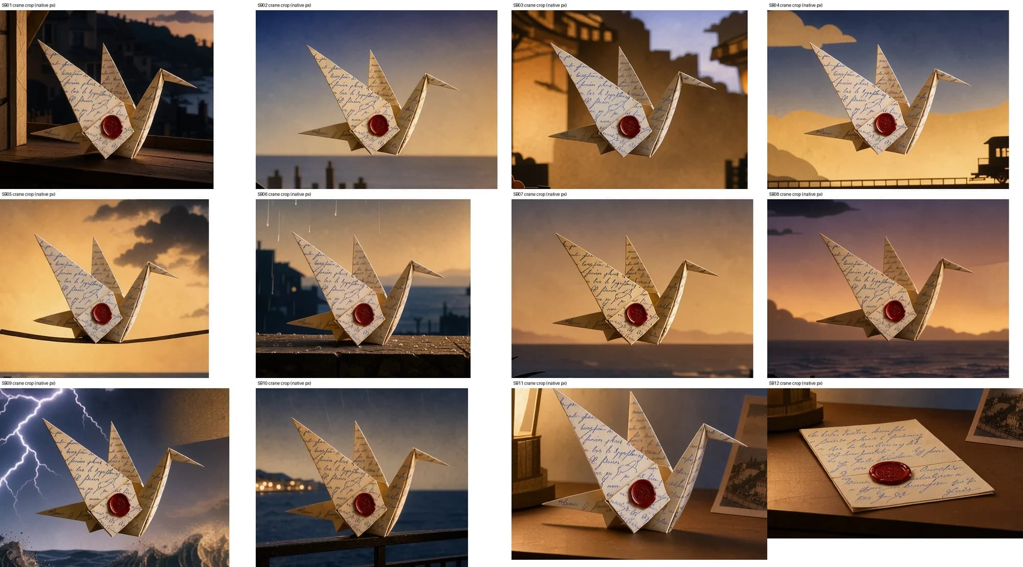 The crane cropped from all twelve approved storyboard frames, identical folds and seal in every scene