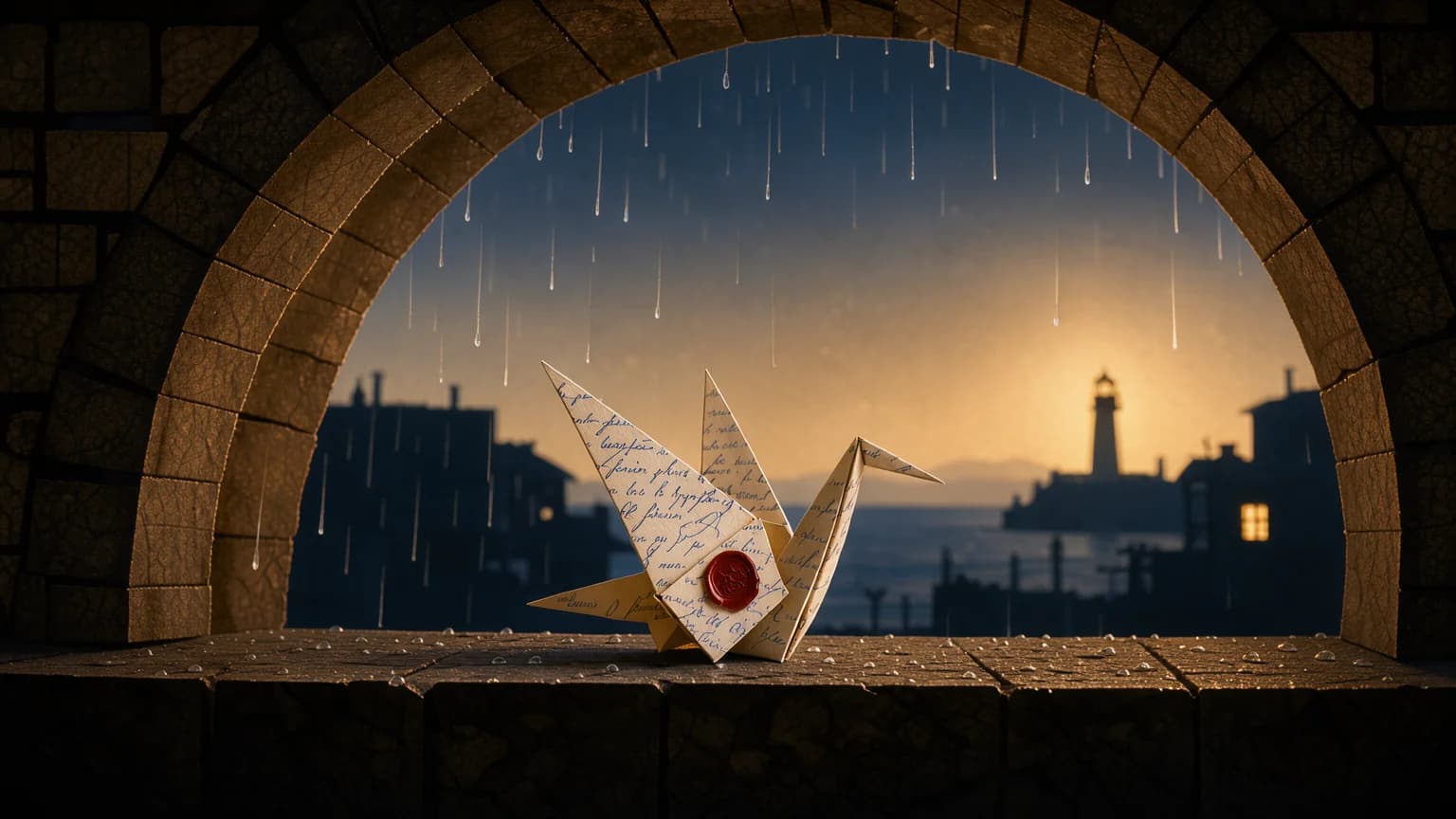 A paper crane folded from a handwritten letter shelters on a stone ledge under a bridge arch while rain falls, a lighthouse silhouetted far away