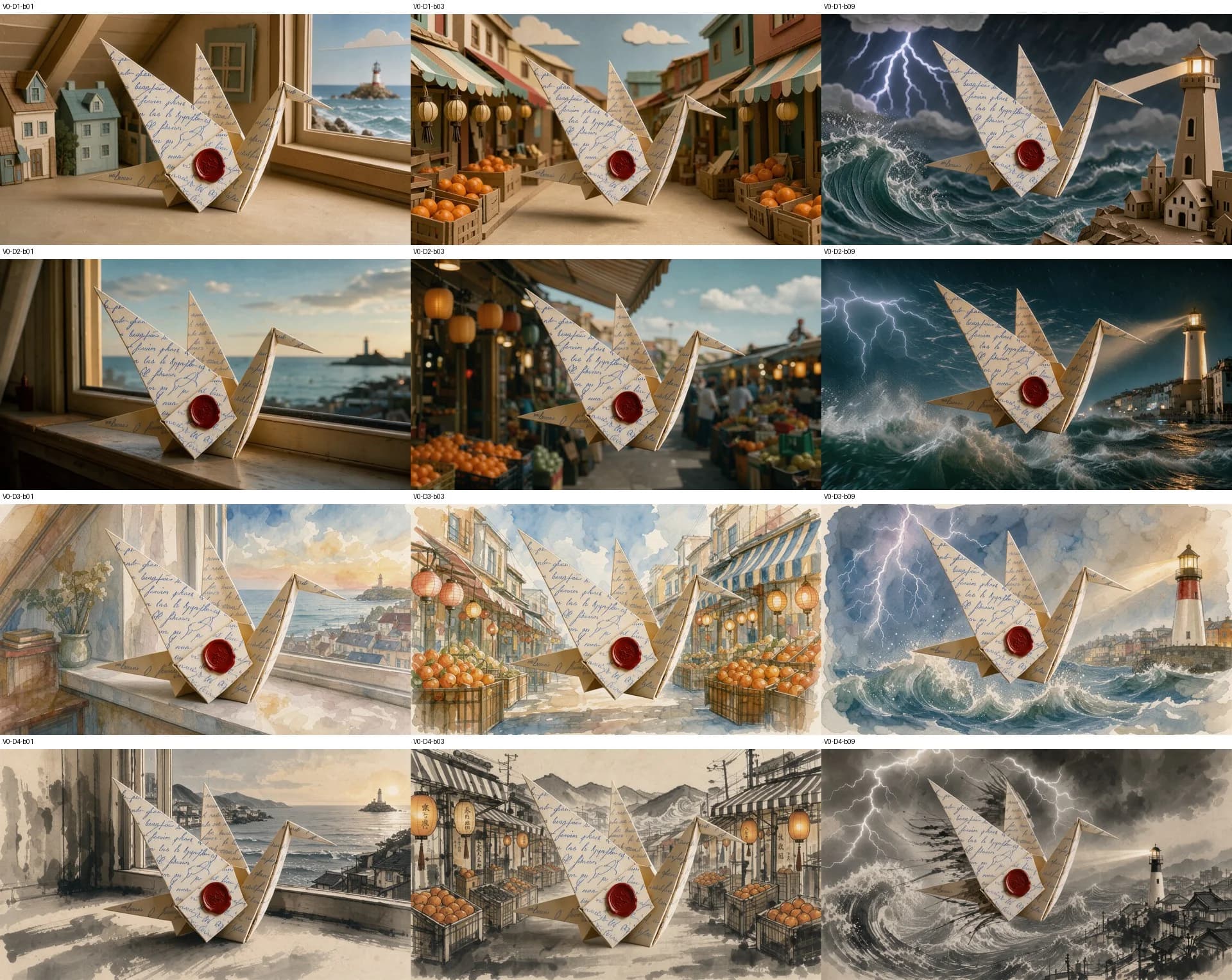 A contact sheet of twelve frames in four visual styles; in every frame the same crane is pasted large and centred at the same pose