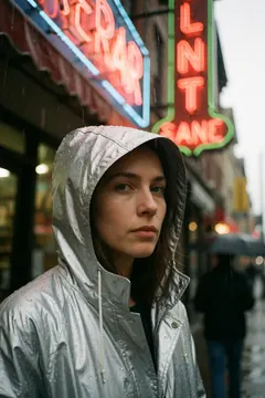 Street portrait of a woman in a silver hooded raincoat under neon signs in the rain